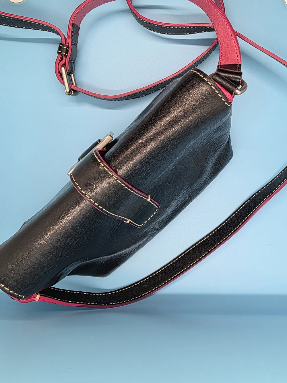 Black Leather Crossbody Bag with Pink Strap and Heart Buckle